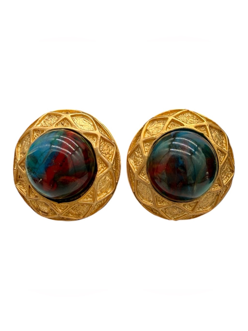 Vintage Gold-Tone Marbled Cabochon Clip-on Screw-back Earrings- Blue, Red, Green